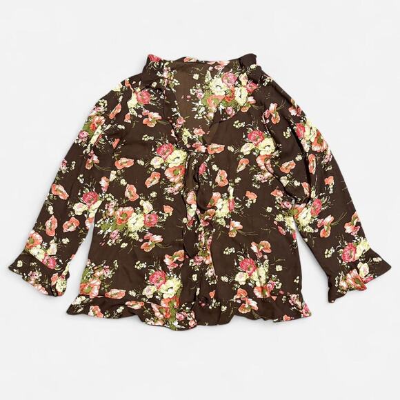 VTG Dark Brown & Multicolor Floral Ruffled Long Flare Sleeve Open Front Cardigan - Picture 7 of 8